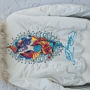 Vintage Y2K Ed Hardy Mermaid Puffer Bomber Style Jacket Coat Size XL